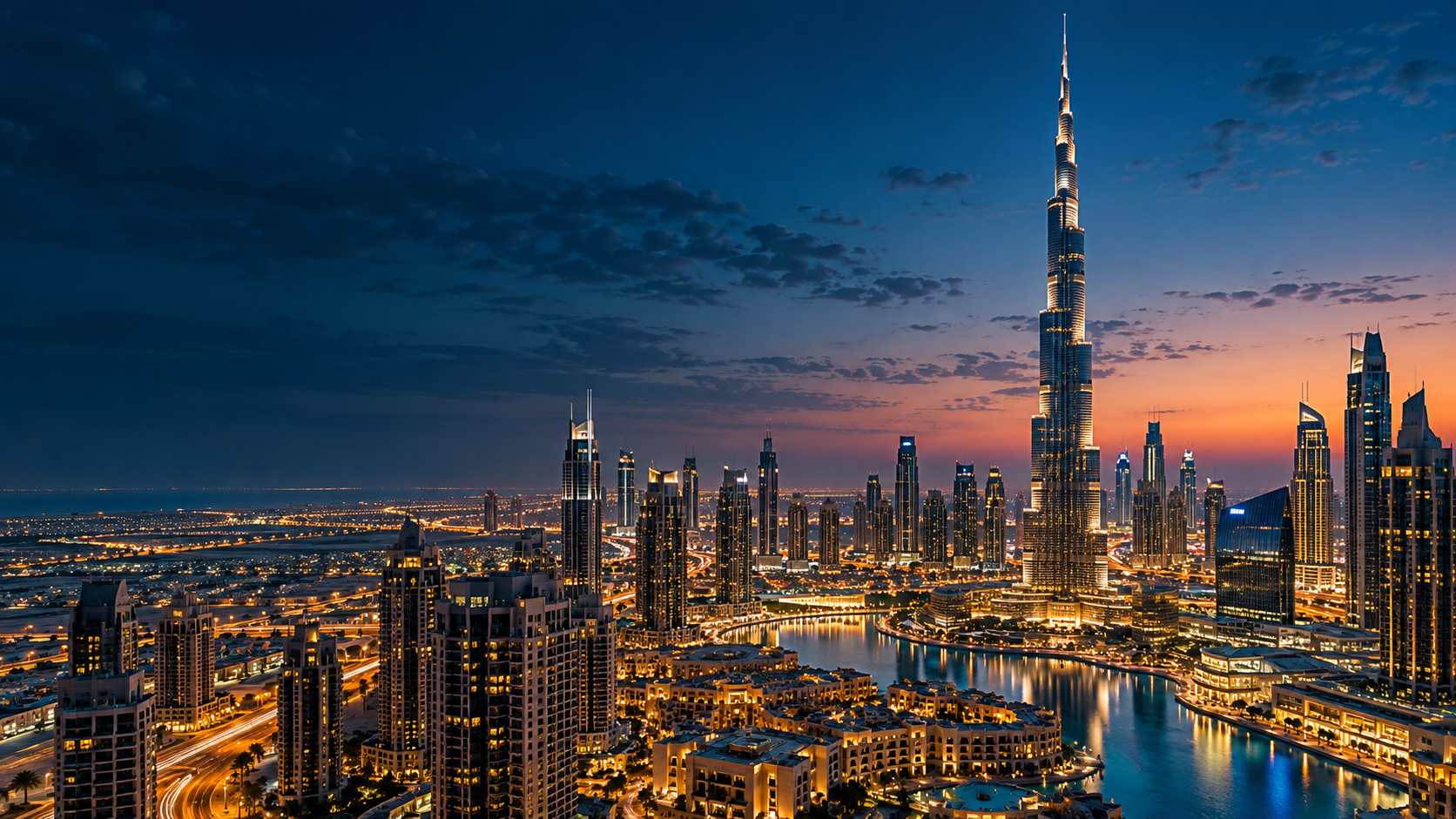 Illuminated Dubai skyline at twilight